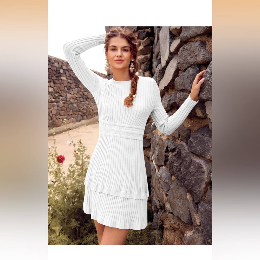 White Ribbed Long-Sleeve Tiered Knit Dress